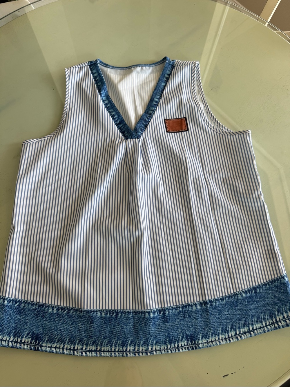Sonoma Blue and White Striped Girls' V-Neck Tank with Denim Trim